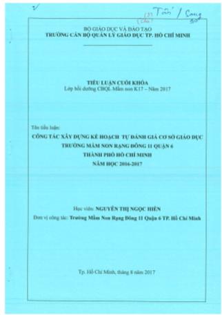 Tiểu luận Công tác xây dựng kế hoạch tự đánh giá cơ sở giáo dục trường Mầm non Rạng Đông 11, Quận 6, Thành phố Hồ Chí Minh - Năm học 2016-2017
