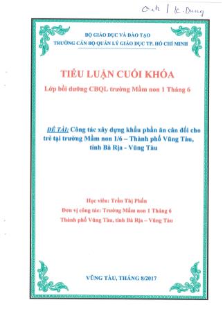 Tiểu luận Công tác xây dựng khẩu phần ăn cân đối cho trẻ tại trường Mầm non 1/6 - Thành phố Vũng Tàu, tỉnh Bà Rịa - Vũng Tàu