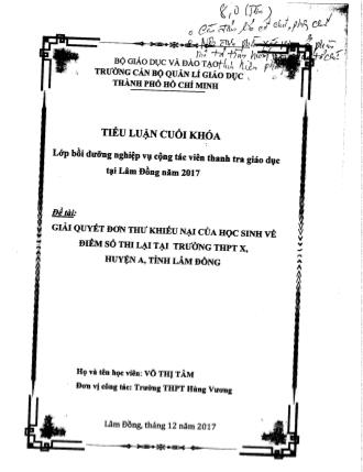 Tiểu luận Giải quyết đơn thư khiếu nại của học sinh về điểm số thi lại tại trường THPT X, huyện A, tỉnh Lâm Đồng