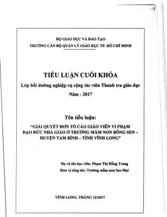 Tiểu luận Giải quyết đơn tố cáo giáo viên vi phạm đạo đức nhà giáo ở trường Mầm non Bông Sen - Huyện Tam Bình - Tỉnh Vĩnh Long