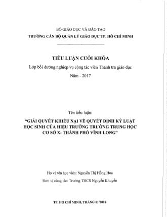 Tiểu luận Giải quyết khiếu nại về quyết định kỷ luật học sinh của hiệu trưởng trường THCS X - Thành phố Vĩnh Long