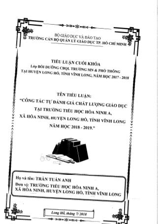 Tiểu luận Công tác tự đánh giá chất lượng giáo dục tại trường TH Hòa Ninh A, xã Hòa Ninh, huyện Long Hồ, tỉnh Vĩnh Long - Năm học 2018-2019
