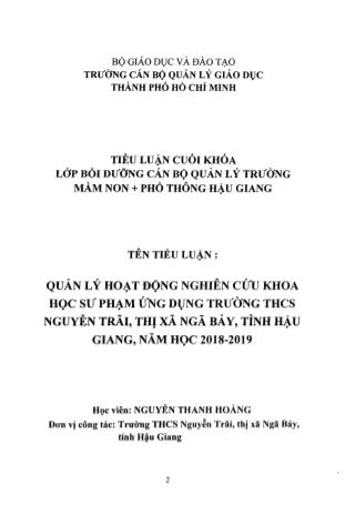Tiểu luận Quản lý hoạt động nghiên cứu khoa học sư phạm ứng dụng trường THCS Nguyễn Trãi, thị xã Ngã Bảy, tỉnh Hậu Giang - Năm học 2018-2019