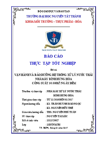 Đề tài Vận hành và bảo dưỡng hệ thống xử lý nước thải nhà máy Bình Hưng Hòa công suất 30.000m3/ngày.đêm Đề tài Vận hành và bảo dưỡng hệ thống xử lý nước thải nhà máy Bình Hưng Hòa công suất 30.000m3/ngày.đêm