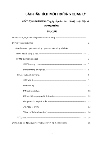 Bài phân tích môi trường quản lý tại Công ty cổ phần phát triển kỹ thuật điện và thương mại KBS Bài phân tích môi trường quản lý tại Công ty cổ phần phát triển kỹ thuật điện và thương mại KBS
