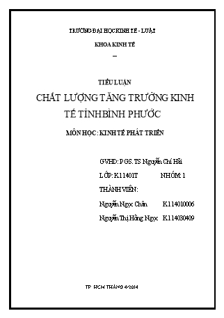 Tiểu luận Nghiên cứu về Chất lượng tăng trưởng kinh tế của tỉnh Bình Phước